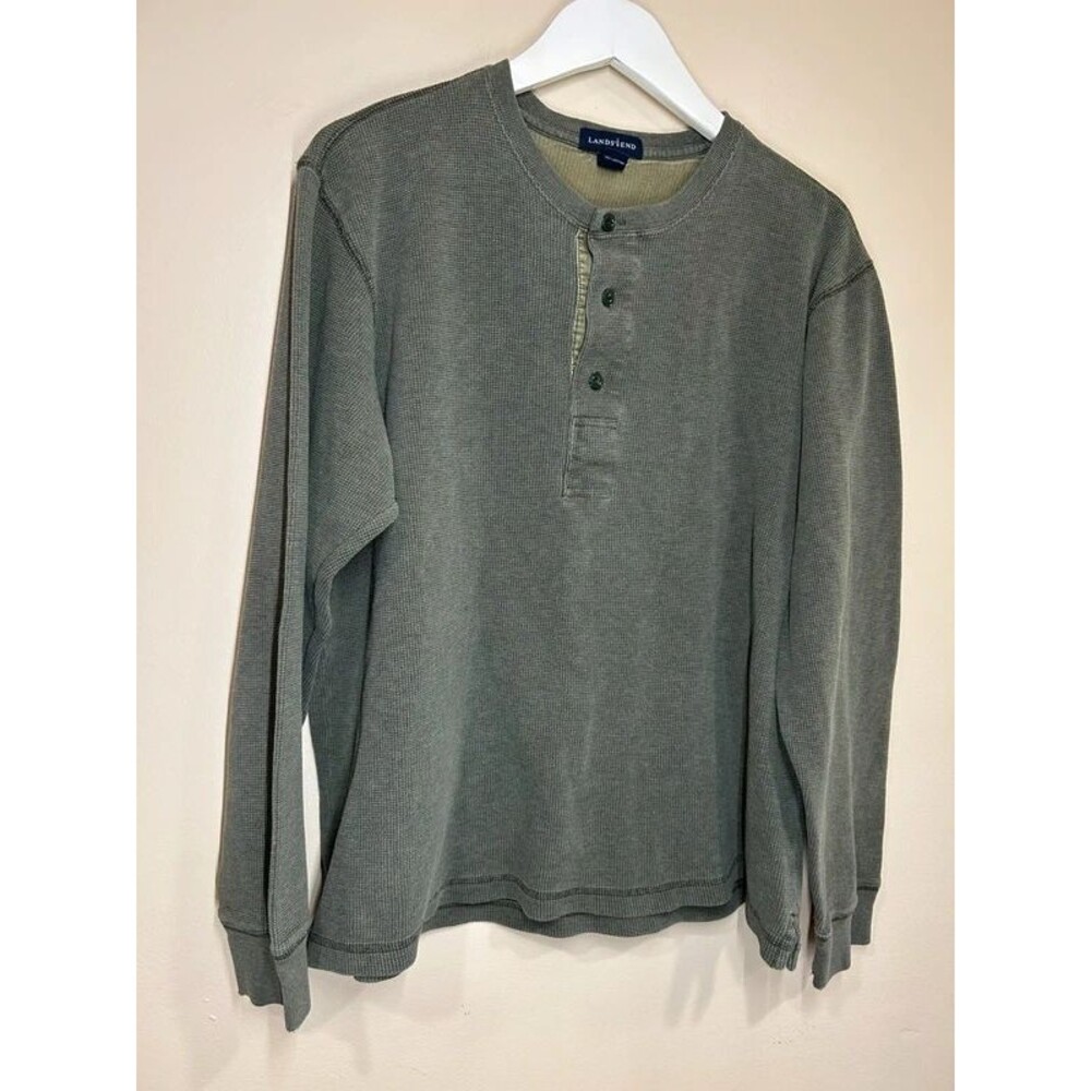 Lands' End Men's MD 38-40 Dark Olive Grey Waffle Knit Henley Fall Cabin